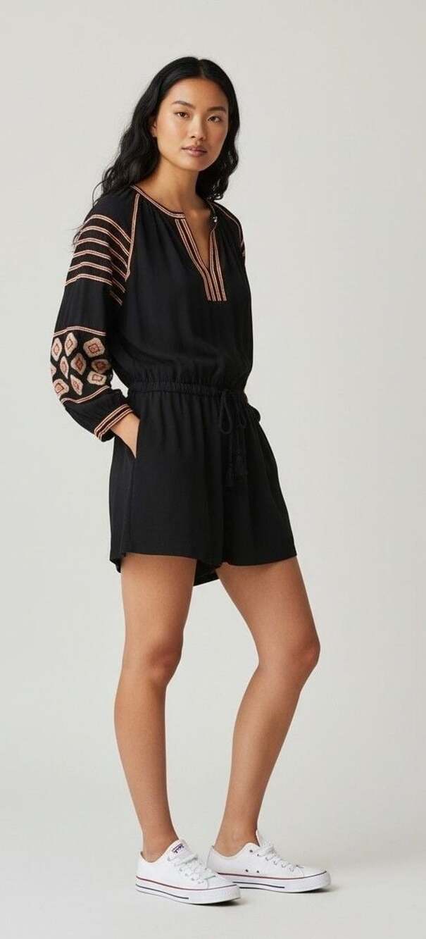 Loft Romper Size S Black Embroidered Long Sleeve Boho